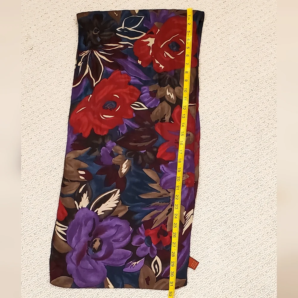 Vintage Axcess 100% Silk Long Floral Scarf, Deep Colors Purple/Teal/Red, EUC